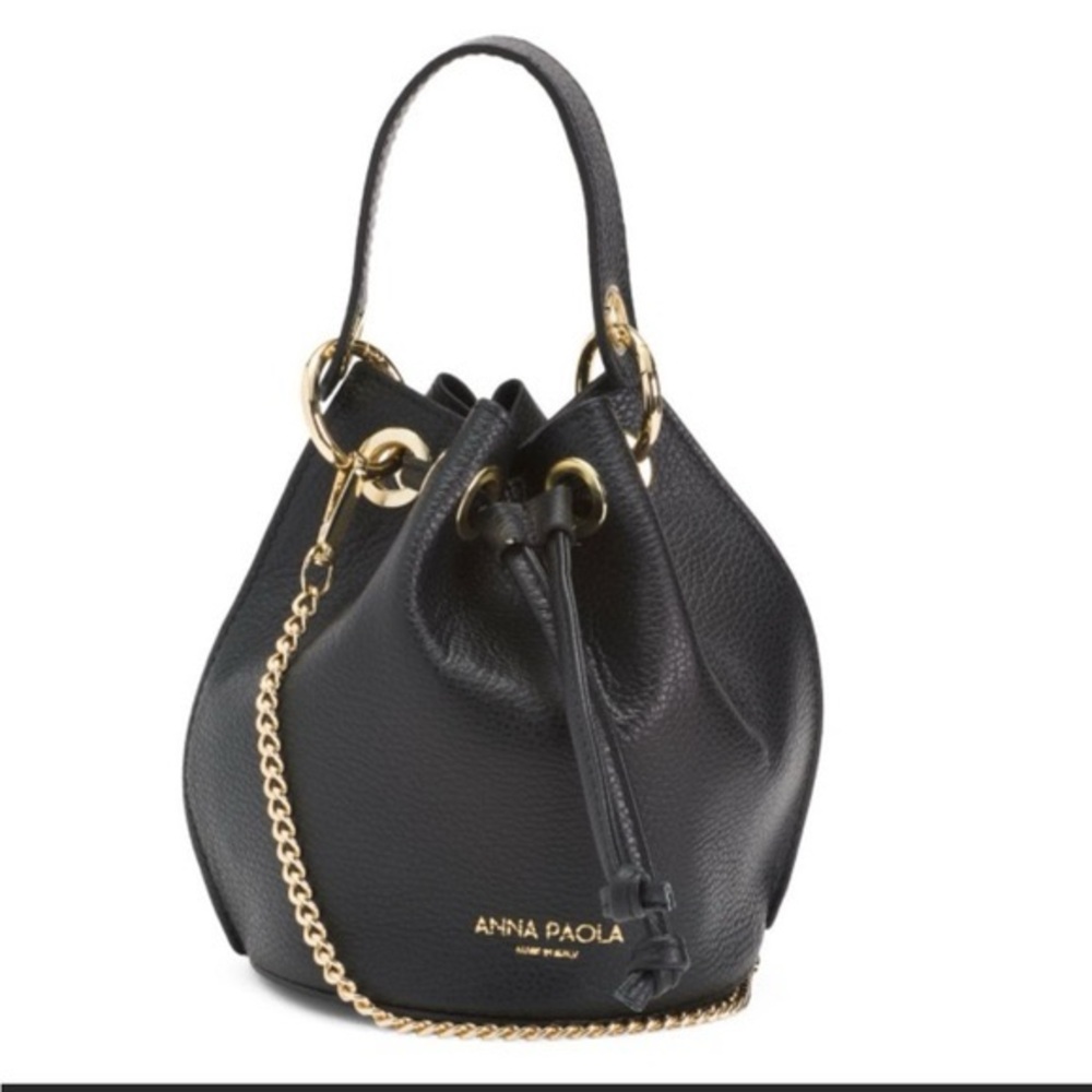 ANNA PAOLA Black Leather Mini Bucket Bag with Gold Chain - Picture 7 of 9